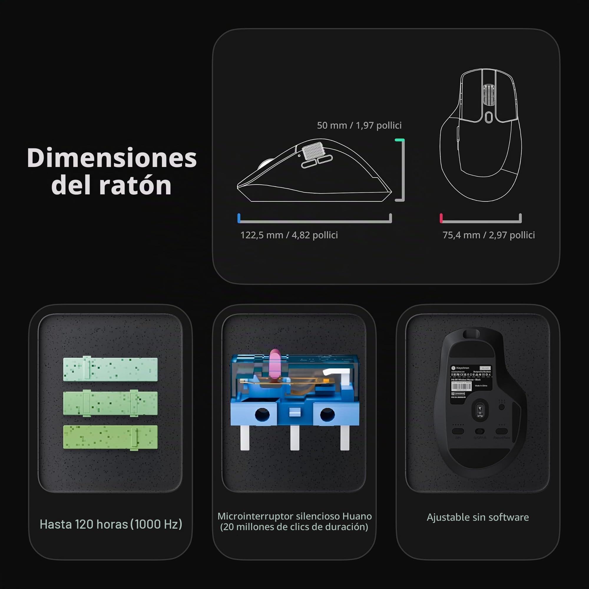 Keychron M6 Ratón Inalámbrico 8000Hz, 2.4 GHz/Bluetooth 5.3 / USB-C, 30 000 dpi, Sensor PixArt 3950, hasta 120 Horas de Batería, Ratón Gaming Programable para Windows, macOS y Linux – Negro
