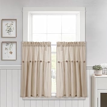 Lush Decor Linen Button Farmhouse Kitchen Curtains Tier Set 29"W x 36"L Dark Linen - Linen Cafe Curtains Farmhouse - Modern Farmhouse Decor