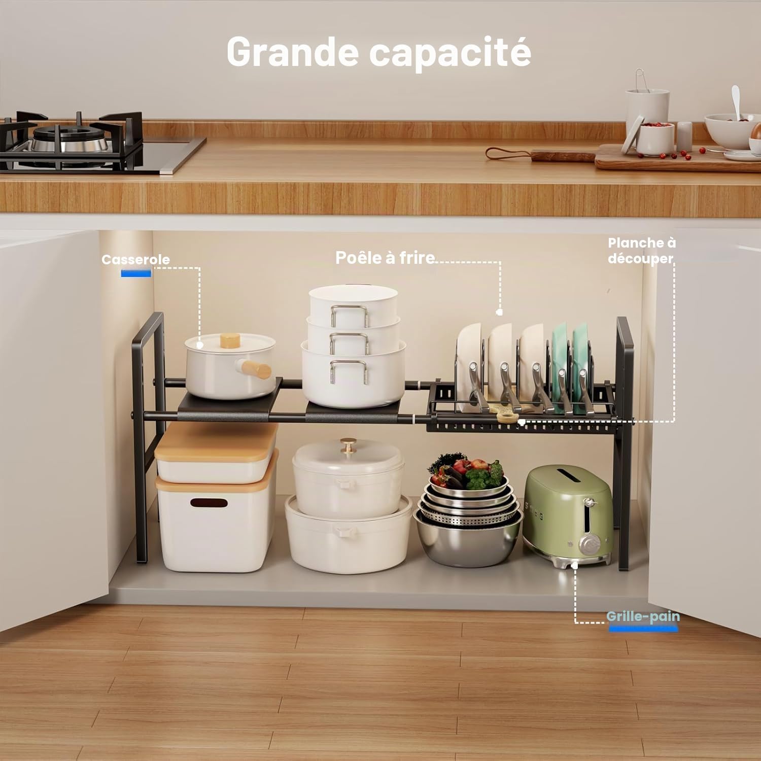 Mustorn Range Couvercle Extensible, 1 Niveau Rangement Casserole, Hauteur Réglable Rangement Poele Et Casserole Placard, Porte Couvercle, Supports à Casseroles Avec 6 Séparateurs(Noir)