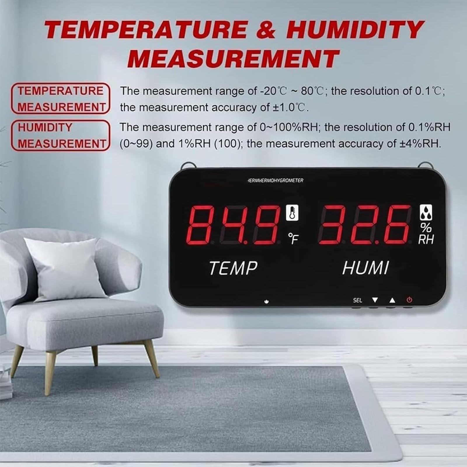 Misuratore di Temperatura E umidità da Parete, Termometro Igrometro per Serra con Display a LED, Termometro Digitale LCD da 13 Pollici, con Sensore da 5 M, Intervallo -20-80 ℃, per Interni