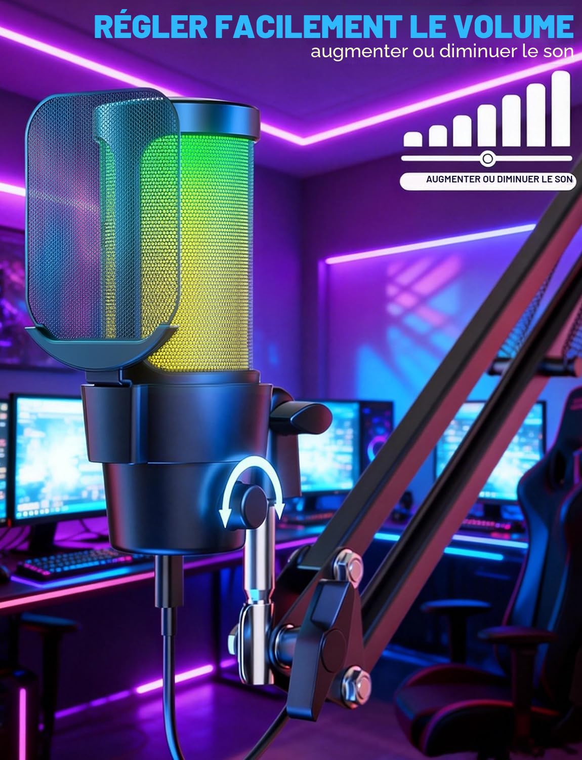 Anykuu Microphone Condensateur PC 1 avec Bras Articulé, RVB pour Streaming, Condensateur Cardioïde 192 kHz/24 Bits avec Bouton Silencieux, Plug & Play pour PC, Mac, PS4/PS5, Gaming, Podcast