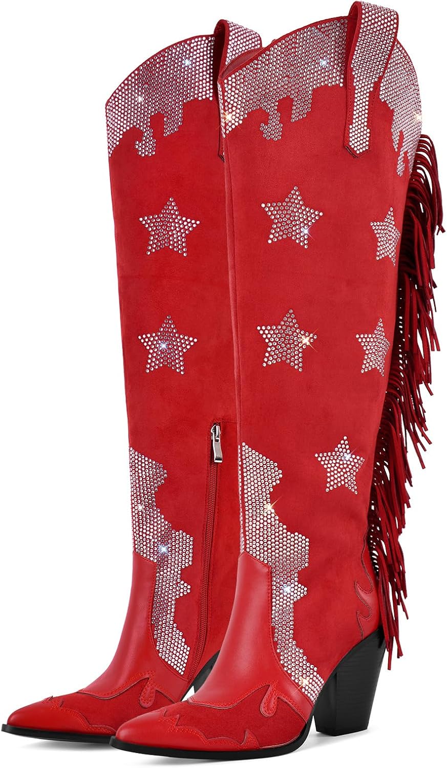 sexytag Fringe Thigh High Extra Wide Calf Cowboy Boots Star Rhinestone Over The Knee Cowgirl Boots Embellished Tall Fashion Western Boots