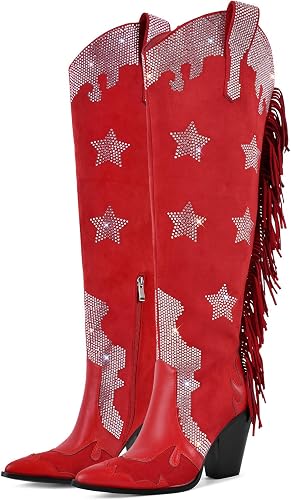 sexytag Star Rhinestone Over-the-Knee Cowboy Boots Wide Calf Fringe Thigh High C