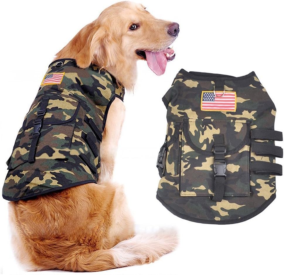Lifeunion Pet Dog Hound Saddle Vest Clothes Travel Hiking Backpacks Dog US/UK Flag Camouflage Vest for Medium Large Dogs (L, Camo US Flag)