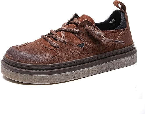 Womens Cow Leather Platform Casual Walking Shoes with Elastic Lace-up Retro Splice Leather Comfortable Round Toe Anti-Slip Flat Sneakers Fall Winter Daily Work Drive Shoes