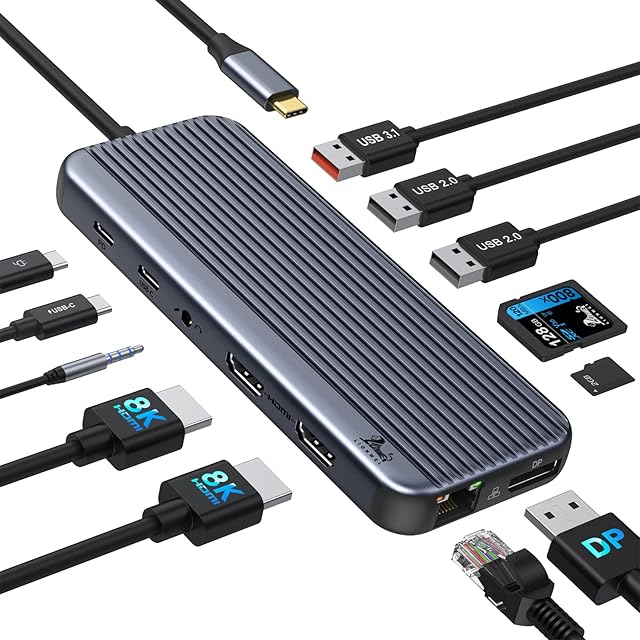 USB C Docking Station Dual HDMI, Single 8K Triple 4K 12 in 1 Laptop Docking Station 10Gbps USB C Hub Multiport Adapter with 2 HDMI, DP, TF/SD, Ethernet, PD 100W, Audio for Dell, HP, Lenovo Surface