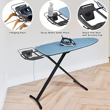 Duwee 17x46 Ironing Board Full Size,Deluxe Ironing Board with Iron Rest | Heat Resistant Cover and Thicken Felt Pad, Adjustable Height,Heavy Sturdy Legs,Black