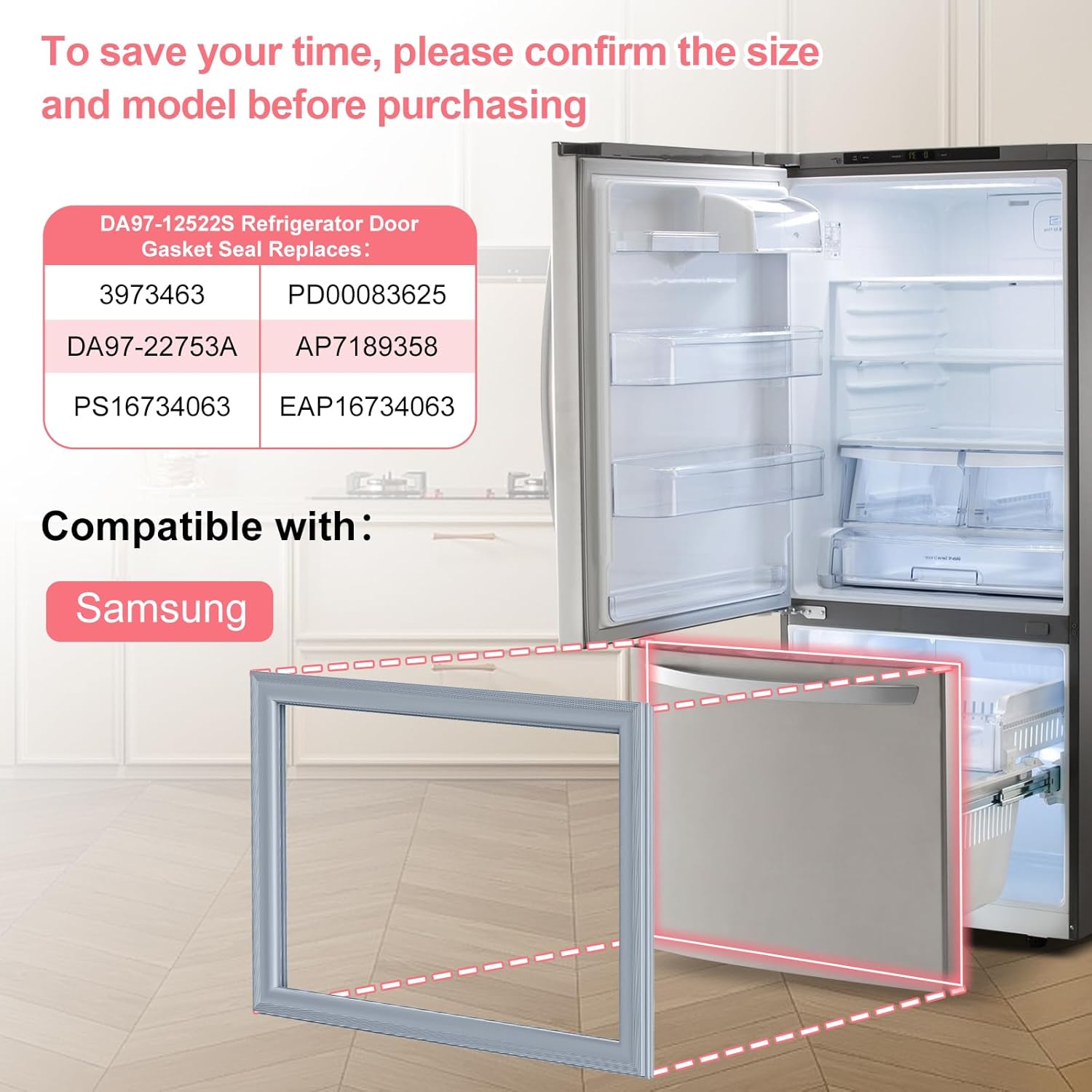 LXun Upgrade DA97-12522S Refrigerator Door Gasket Compatible with Samsung Refrigerator Freezer Part, for Samsung DA97-12522S Refrigerator Door Seal Replace AP5798118 3973463 PS8762273 DA97-22753A