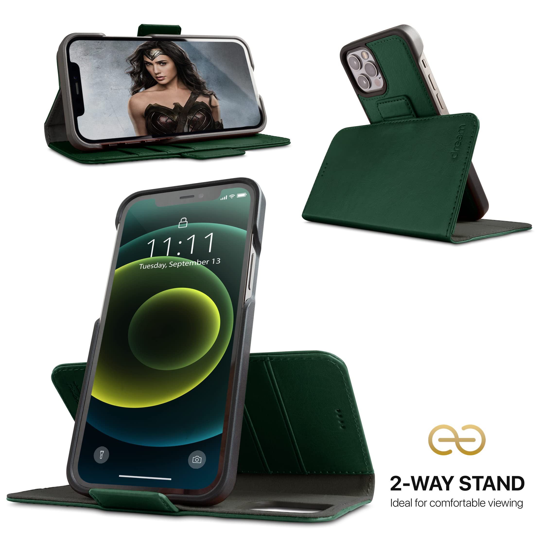 dreem Fibonacci 2-in-1 Wallet Case for Apple iPhone 12 & 12 Pro - Luxury Vegan Leather, Magnetic Detachable Shockproof Phone Case, RFID Card Protection, 2-Way Flip Stand - Green — view 3