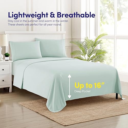 Miniatura 8 de Juego de sábanas de tamaño individual de la colección 1500 Supreme, color verde menta, 3 piezas, sábanas y funda de almohada extrasuaves, esquinas