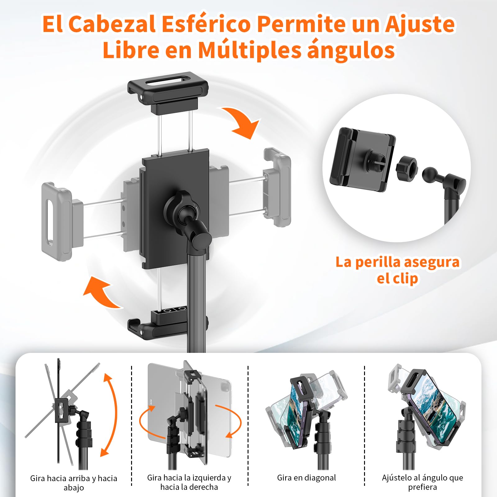 XXZU 182cm Soporte para Tableta y Teléfono, Soporte de Suelo para Tableta Giratorio de 360° Trípode para Tablet Ajustable en Altura Plegable Inverso Compatible con Tablet y Teléfon