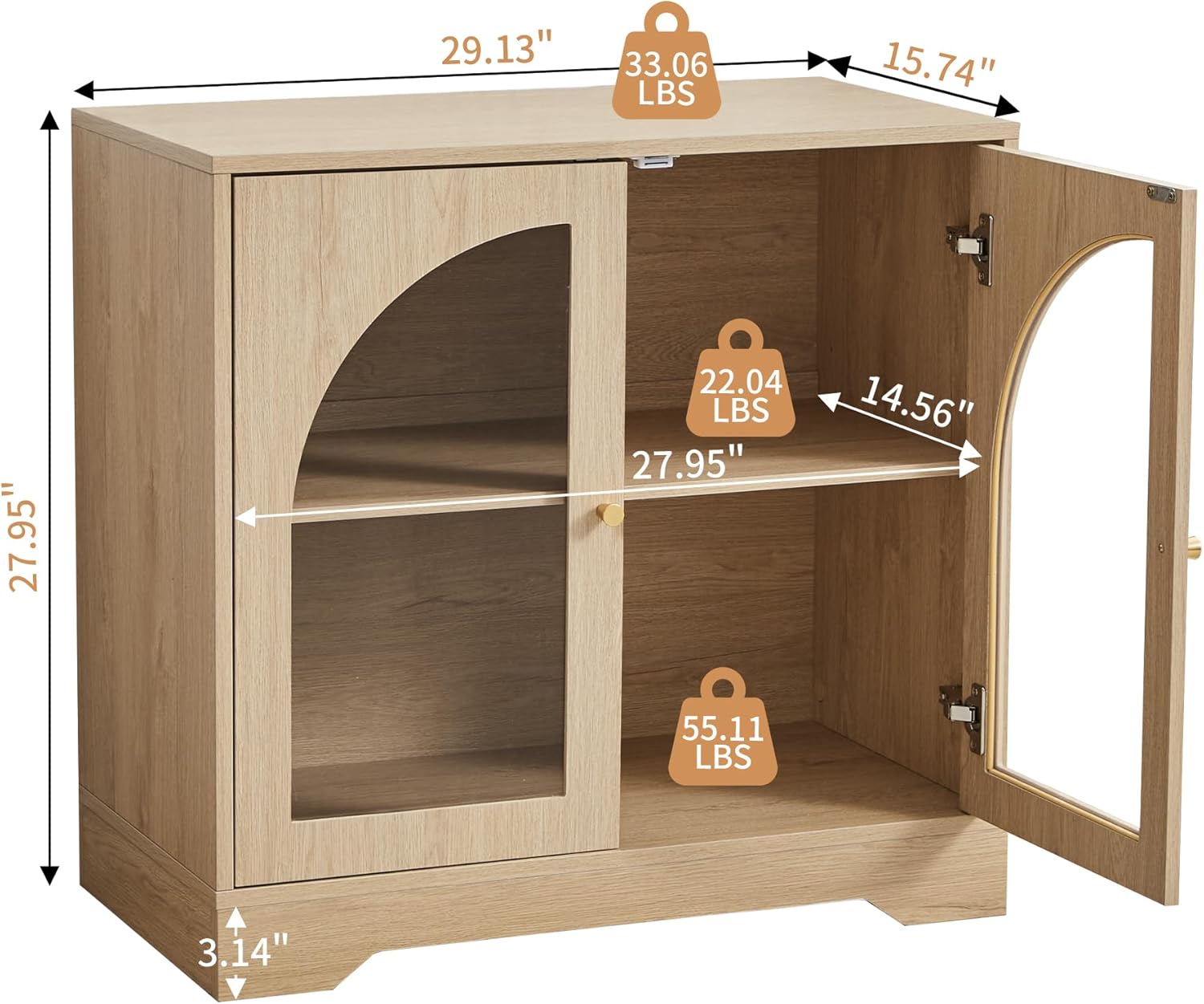 Farmhouse Floor Storage Cabinet with Arched Acrylic Door, 27" Short Accent Display Sideboard Buffet Cabinet with Adjustable Shelf for Living Room, Bathroom, Kitchen Coffee Bar (Natural)