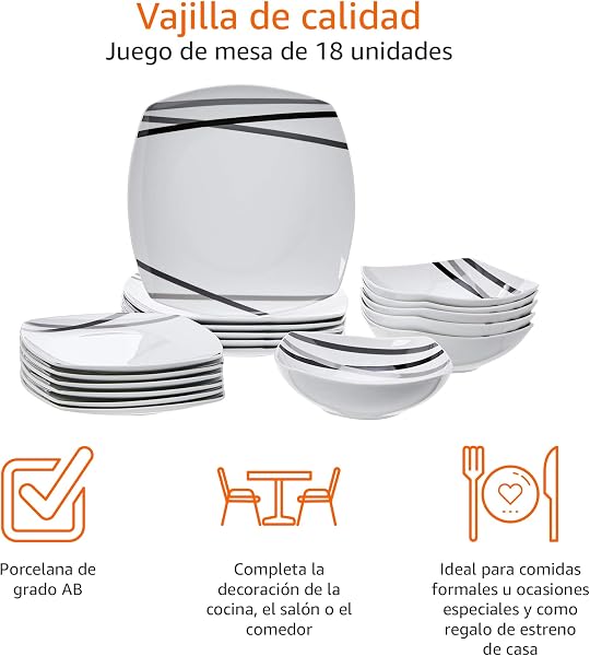 Amazon Basics Vajilla de 18 Unidad, Líneas modernas, 6 servicios - 4