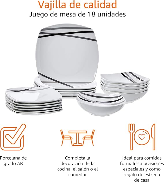 Amazon Basics Tableware of 18 Unit, Modern lines, 6 services