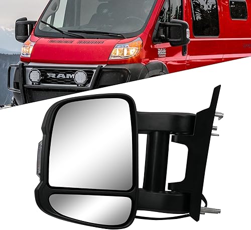 Espejo de brazo largo extendido lado izquierdo del conductor para Ram Promaster 1500 2500 3500 2014-2023, luz de señal de giro de vidrio eléctrico