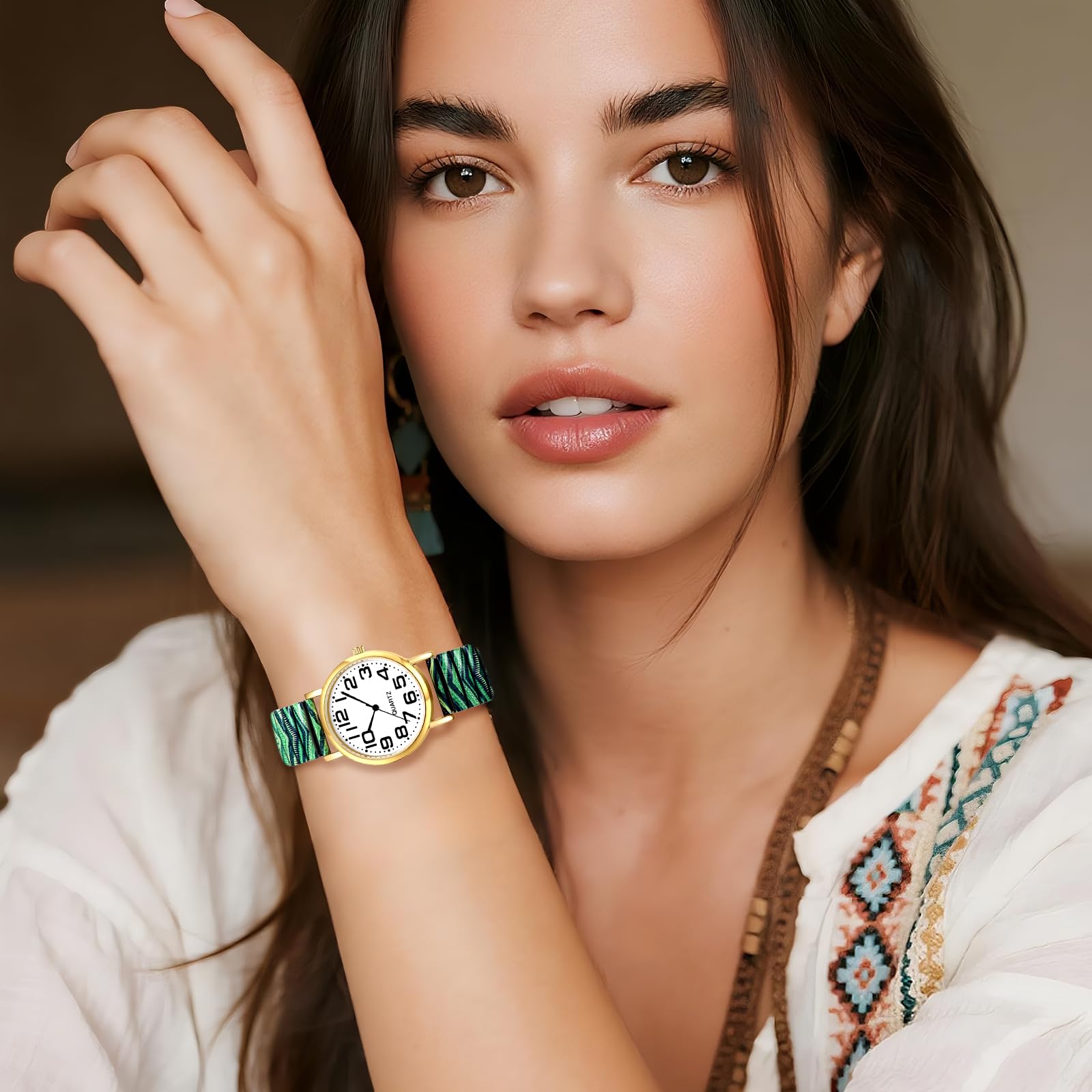 JewelryWe Zegarek damski w stylu boho elastyczny zegarek: 6 sztuk w stylu boho, kolorowe wzory, analogowy, kwarcowy, zegarek na rękę, stal nierdzewna, rozciągliwa bransoletka dla seniorów, zegarek z