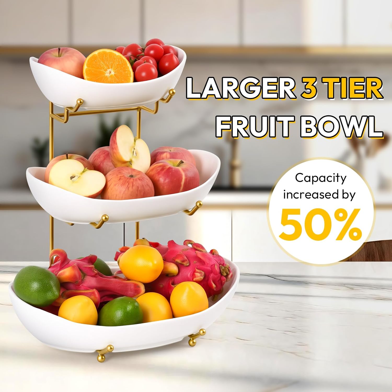 3 Tier Fruit Bowl for Kitchen Counter (PLUS edition) - Large Ceramic Fruit Basket with Metal Stand for Kitchen Countertop, Tiered Fruit Stand for Vegetable Storage, Cake, Snack, Dessert, Nuts