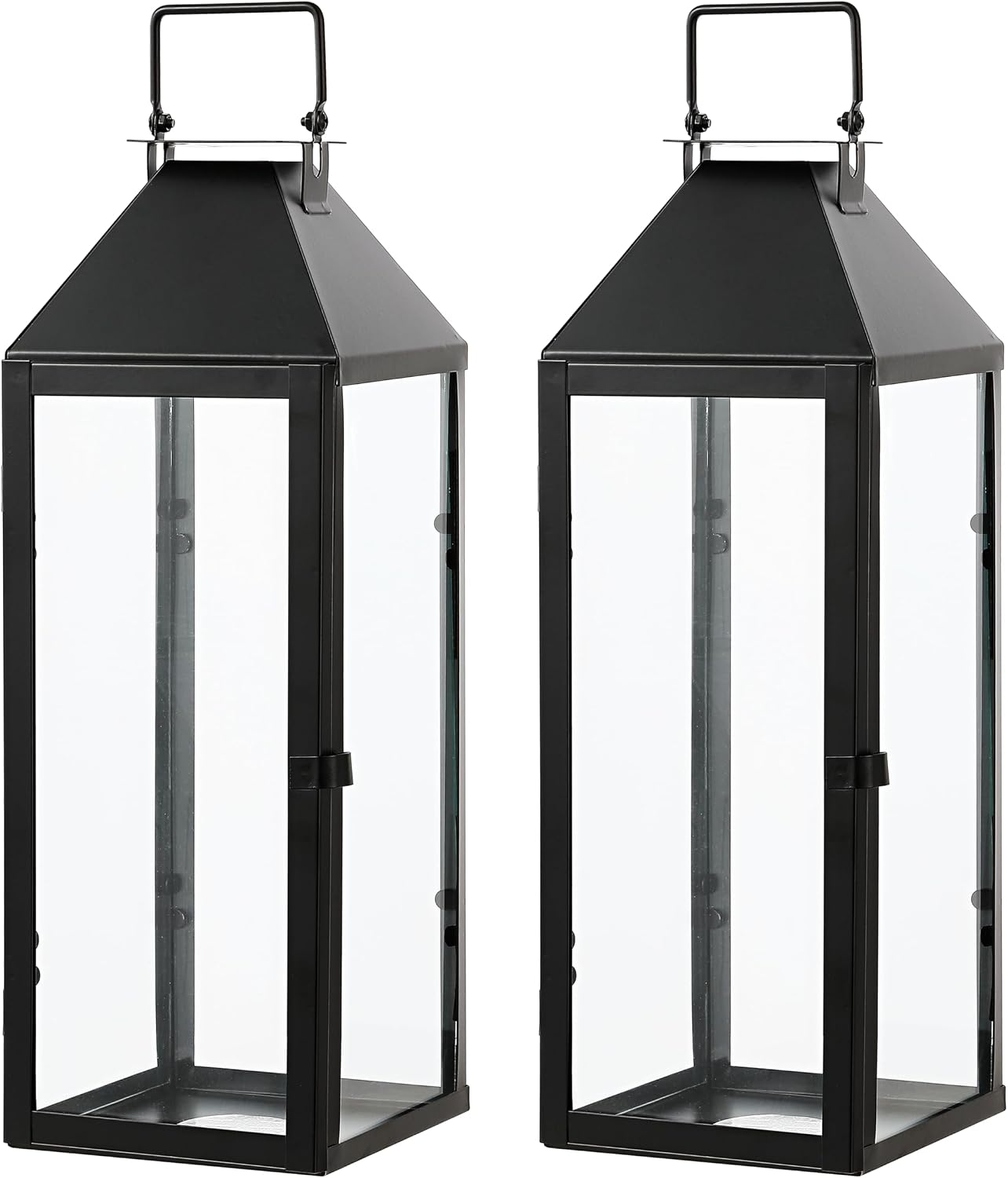 SAFAVIEH Lighting - Ruane Set of 2 Black Metal & Clear Glass Outdoor Lanterns - Modern Decorative Candle Lanterns for Patio, Porch & Garden, 5.5" W x 5.25" D x 17.5" H (PLT4056A)