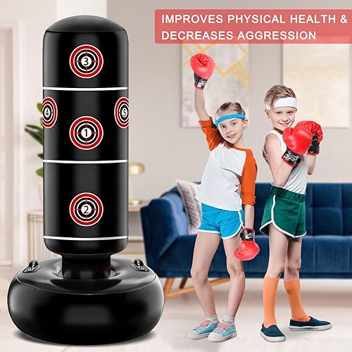 Miniatura 7 de Saco de boxeo para niños, bolsa de boxeo inflable de 63 pulgadas para niños, juguete deportivo para niños, vaso de rebote para boxeo de boxeo,
