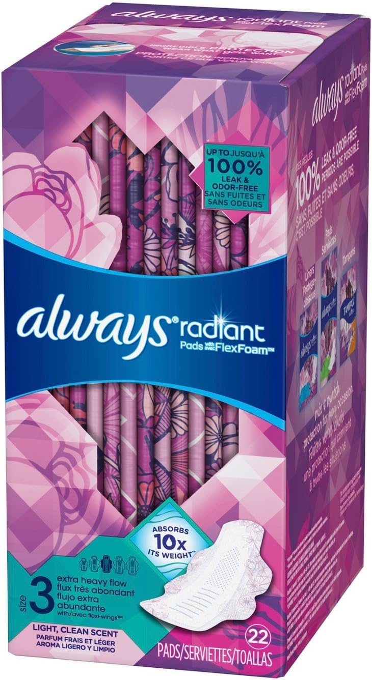 Always Radiant Extra Heavy Pads Size 3 Light Clean Scent w/Wings - 22ct