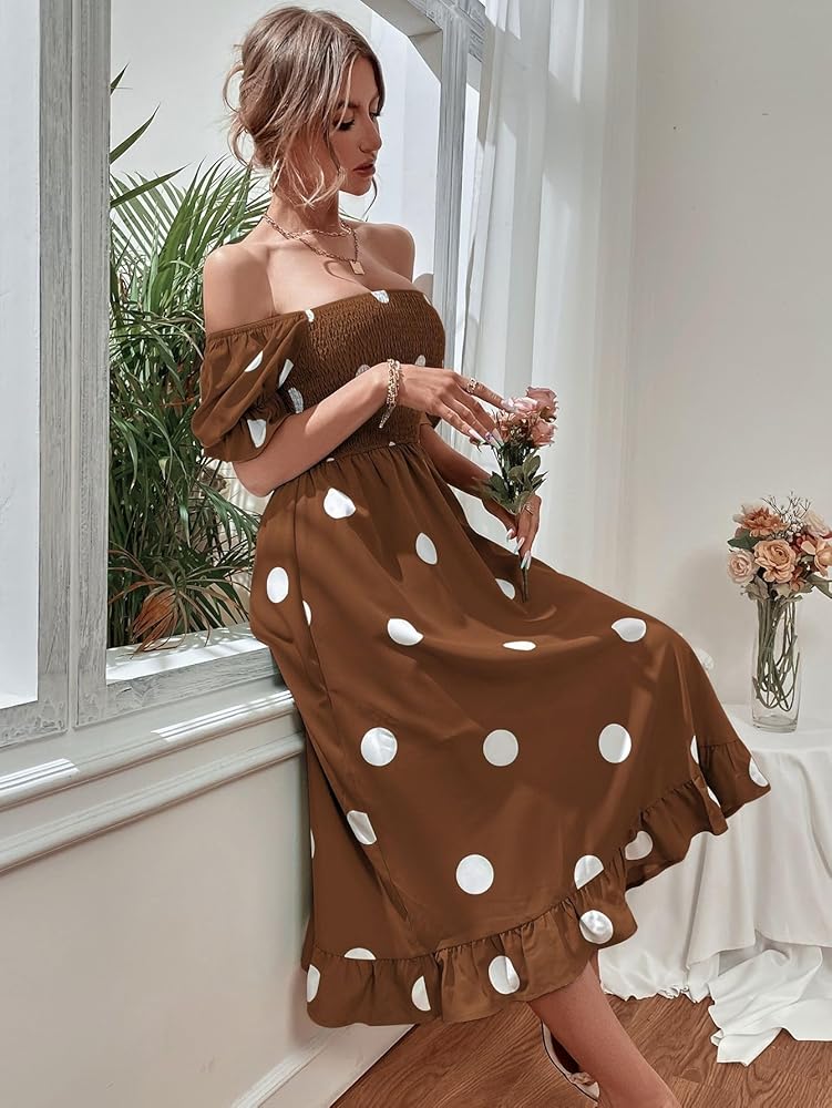 SISKIN Polka Dot Print Puff Sleeve Shirred Ruffle Hem Maxi