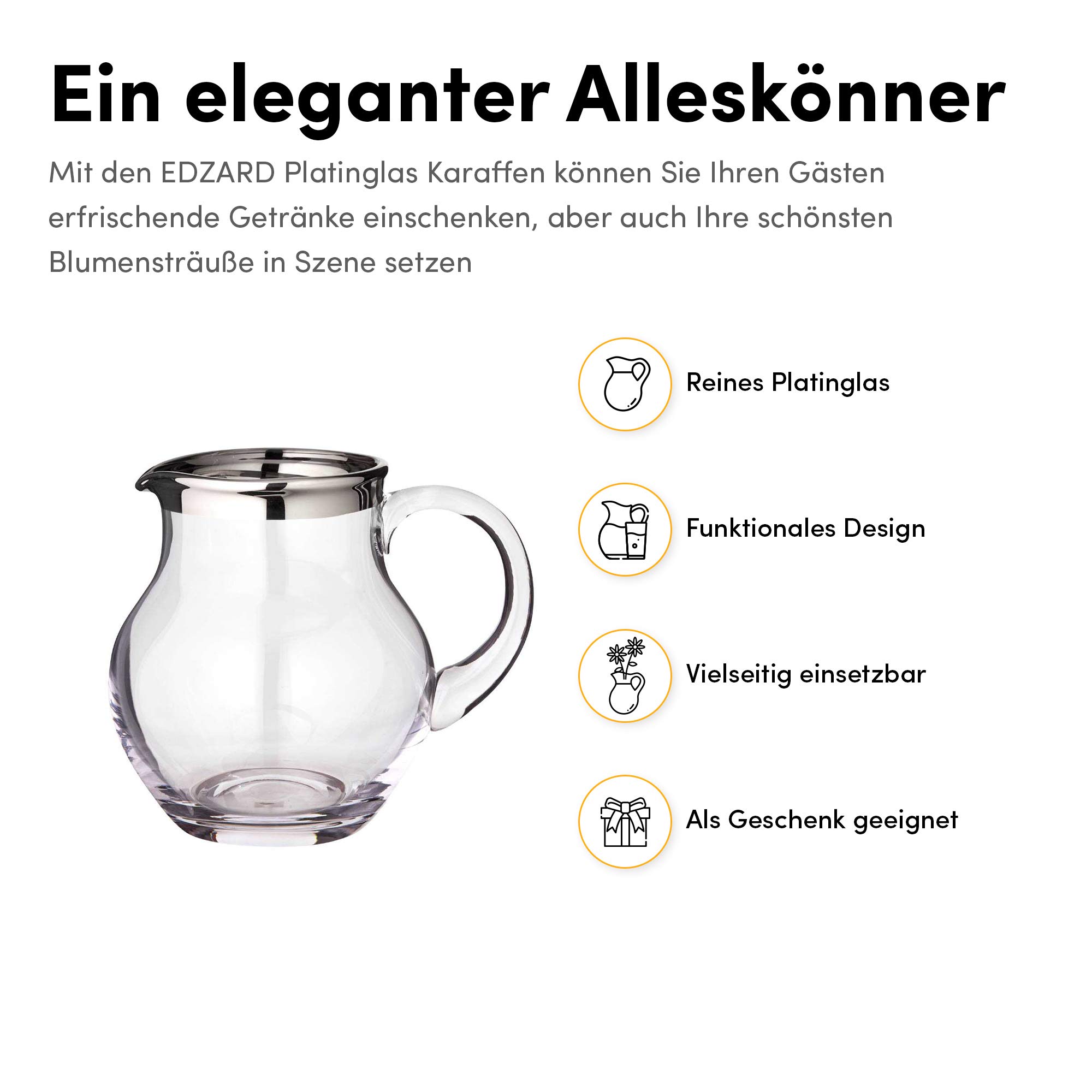 EDZARD Krug Olivia, mundgeblasenes Kristallglas mit Platinrand, Höhe 16 cm, Fassungsvermögen 1 Liter - Karaffe, Glaskrug, Wasserkrug, Pitcher, Kanne