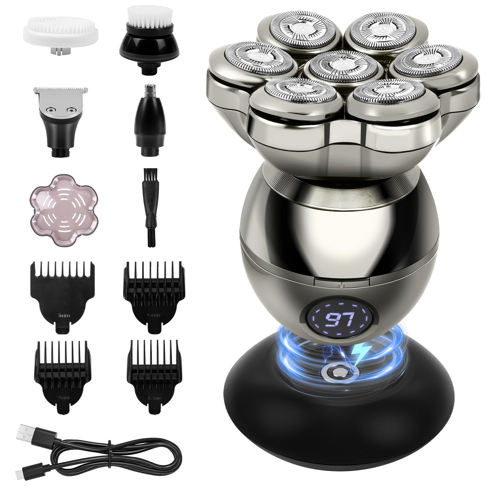 LOPHE 5 en 1 Rasoir Tete Chauve Homme, 7D Rasoir Électrique, Équipé de 7 Têtes de Coupe Flottantes, Type-C Tondeuse Crane Chauve Sans Fil, Sec Étanche IPX6, pour Hommes Chauves Avec Écran LED, A