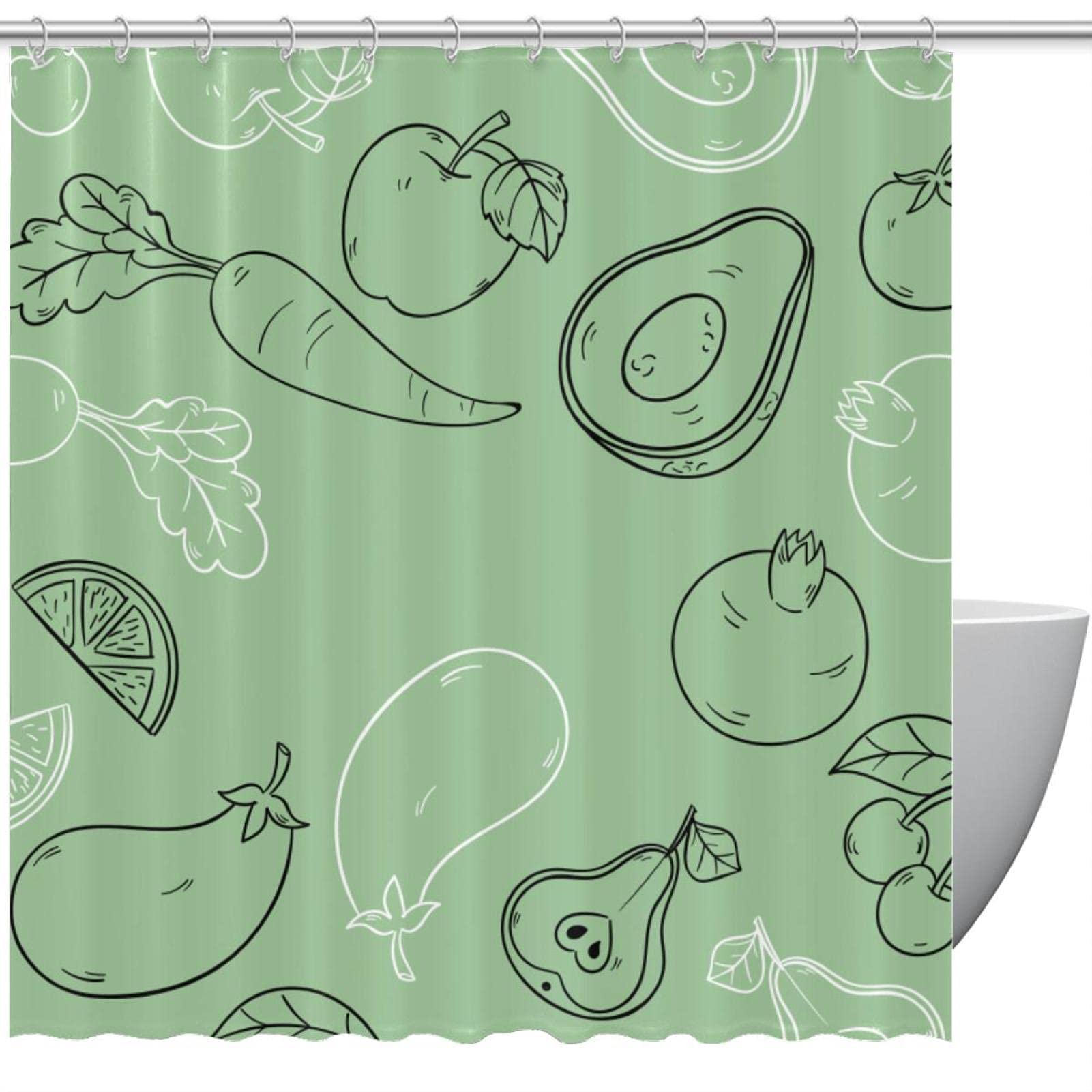 Rideau de douche vert dessin main de qualité supérieure, 182 cm