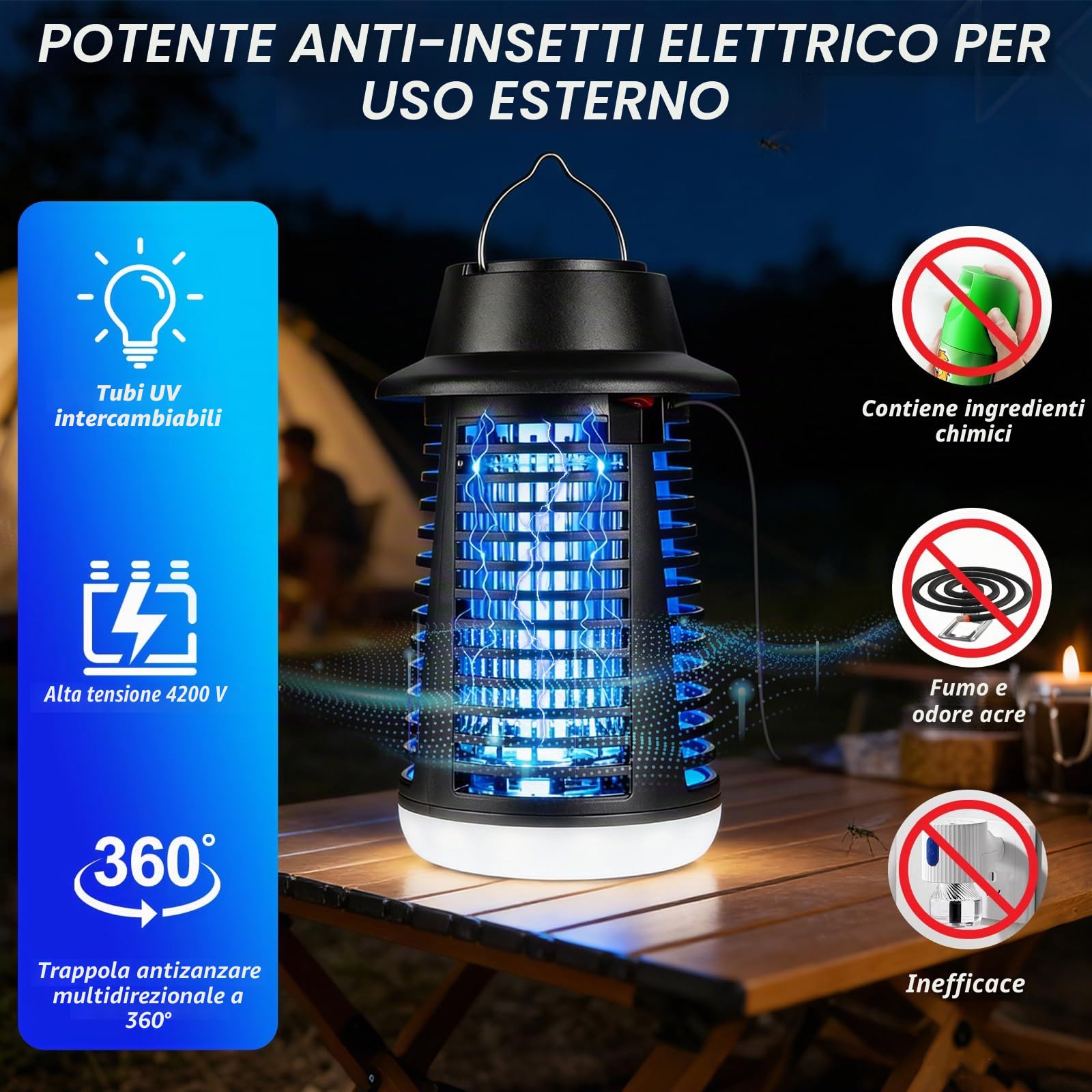 Lampada Antizanzare Elettrica Cable de 1.2m, 4000V 18W UV Zanzariera Elettrica con 9W LED Lampada, IPX4 Antizanzare Elettrico, Lampada Zanzare per Interni ed Esterni