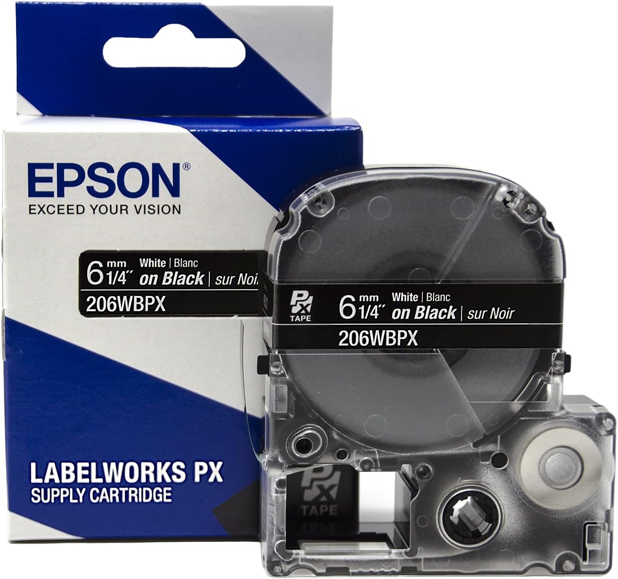 Epson LABELWORKS 206WBPX Genuine PET (Polyester) Tape Cartridge - White on Black Label Maker Tape - 1/4" (6MM) Wide, 30'