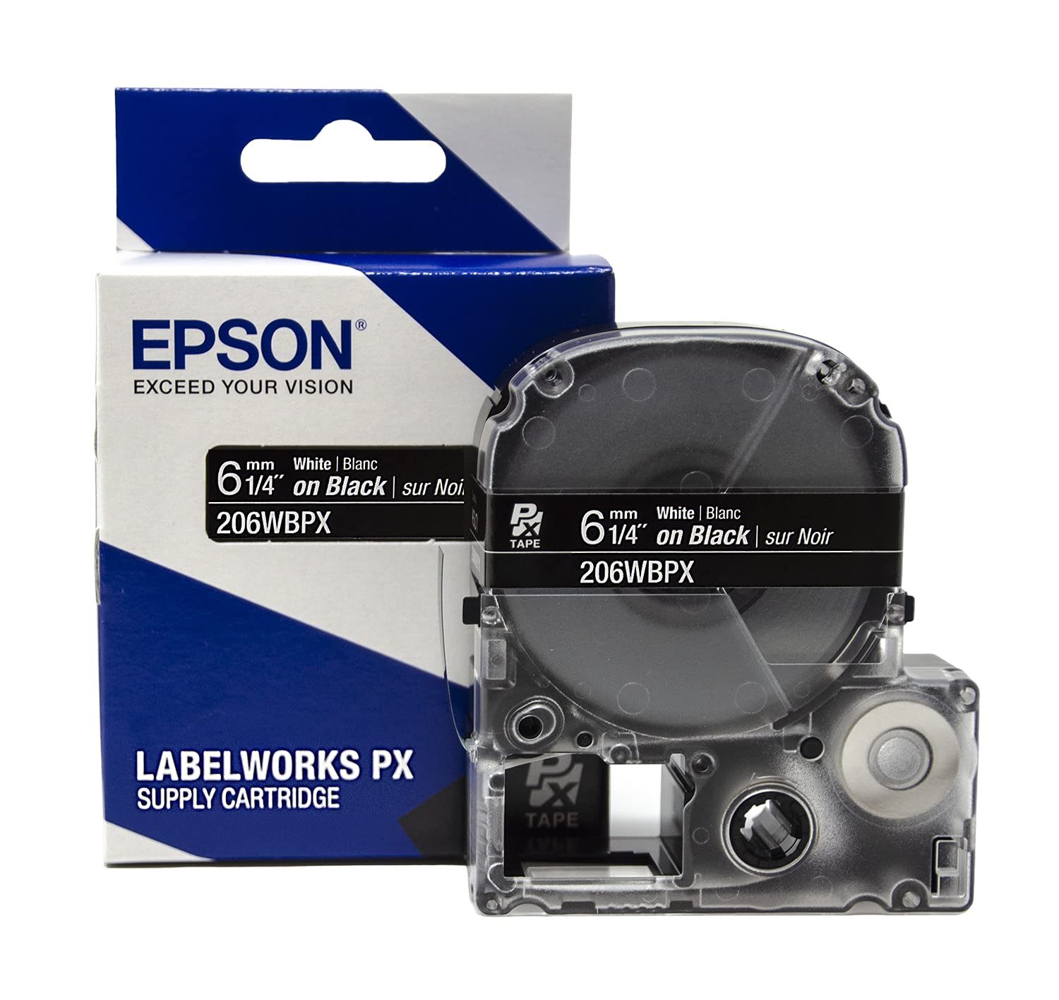 Epson LABELWORKS 206WBPX Genuine PET (Polyester) Tape Cartridge - White on Black Label Maker Tape - 1/4" (6MM) Wide, 30'
