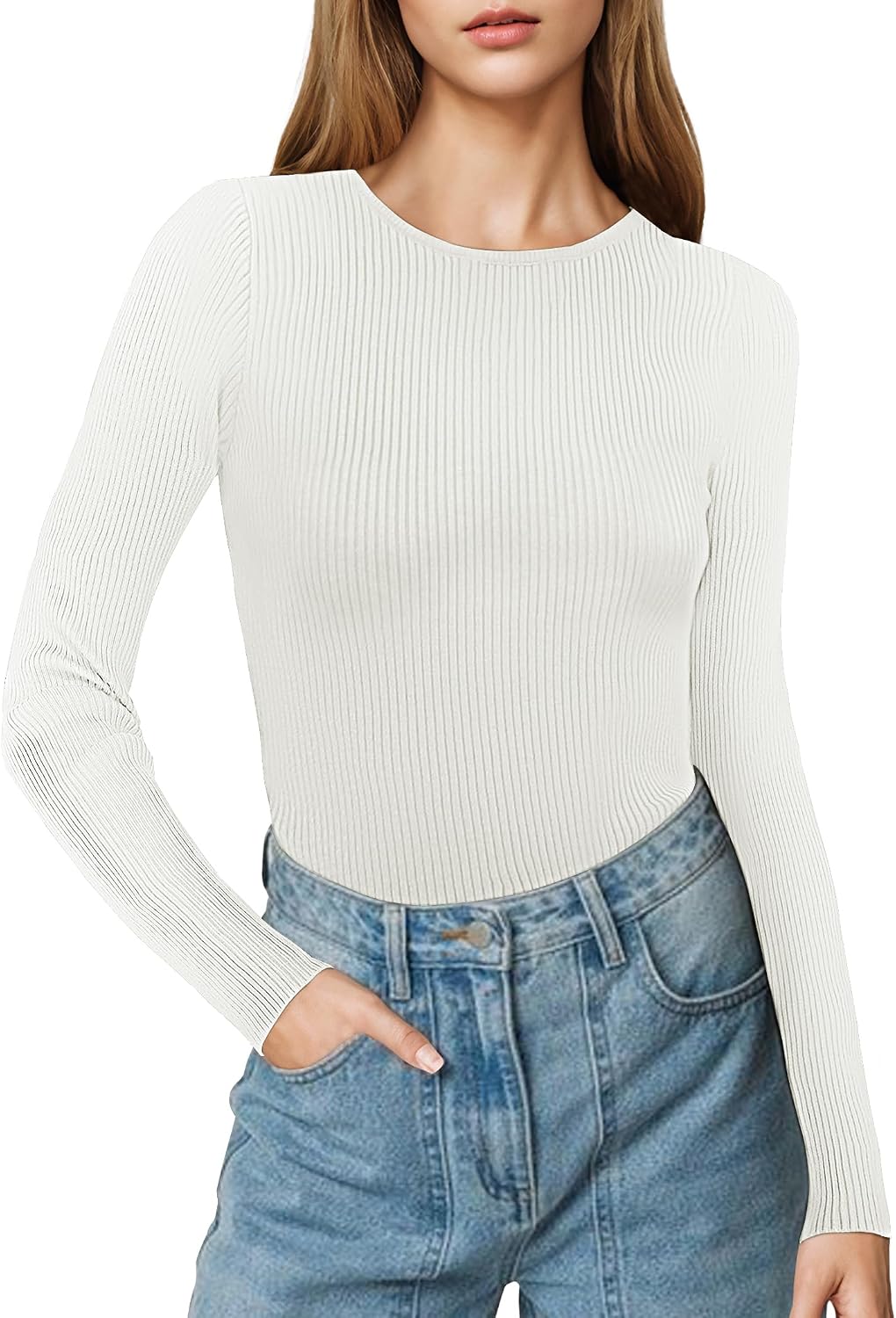 Buauty Women’s Long Sleeve Crewneck Sweater 2024 Fall Ribbed Knit Fitted Shirts Slim Solid Pullovers Basic Casual Tee Tops