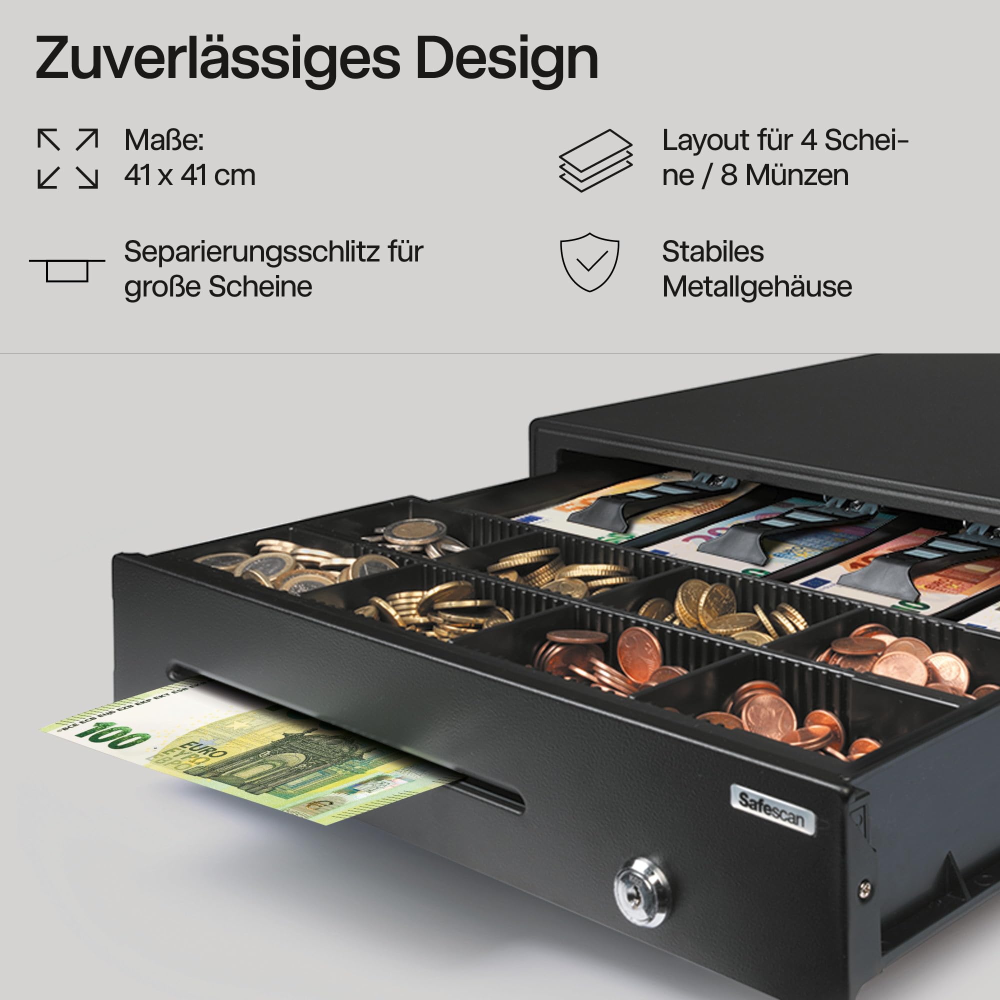 Safescan LD-4141 Kassenschublade 4 Fächer Banknoten 8 Münzen RJ-12 Anschluss 41x41,5x11,5 cm