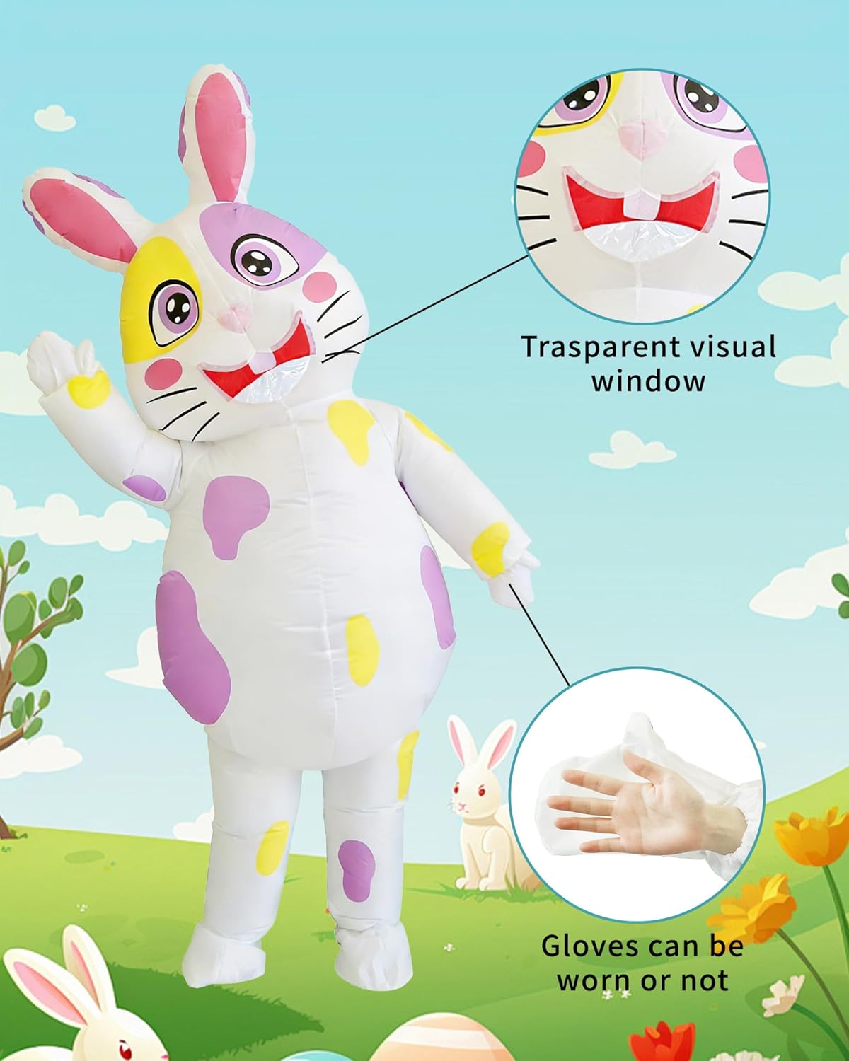 Easter Bunny Costume Adult Inflatable Bunny Costume Blow Up Rabbit Suit for Easter Party Holiday Birthday Celebration (Colorful Spotted Rabbit)