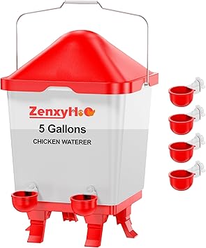 ZenxyHoC 5.0 Gallons Chicken Waterer Bucket with 4 Double-Layer Waterer Cups, Adjustable Heights and Anti Roost Cone