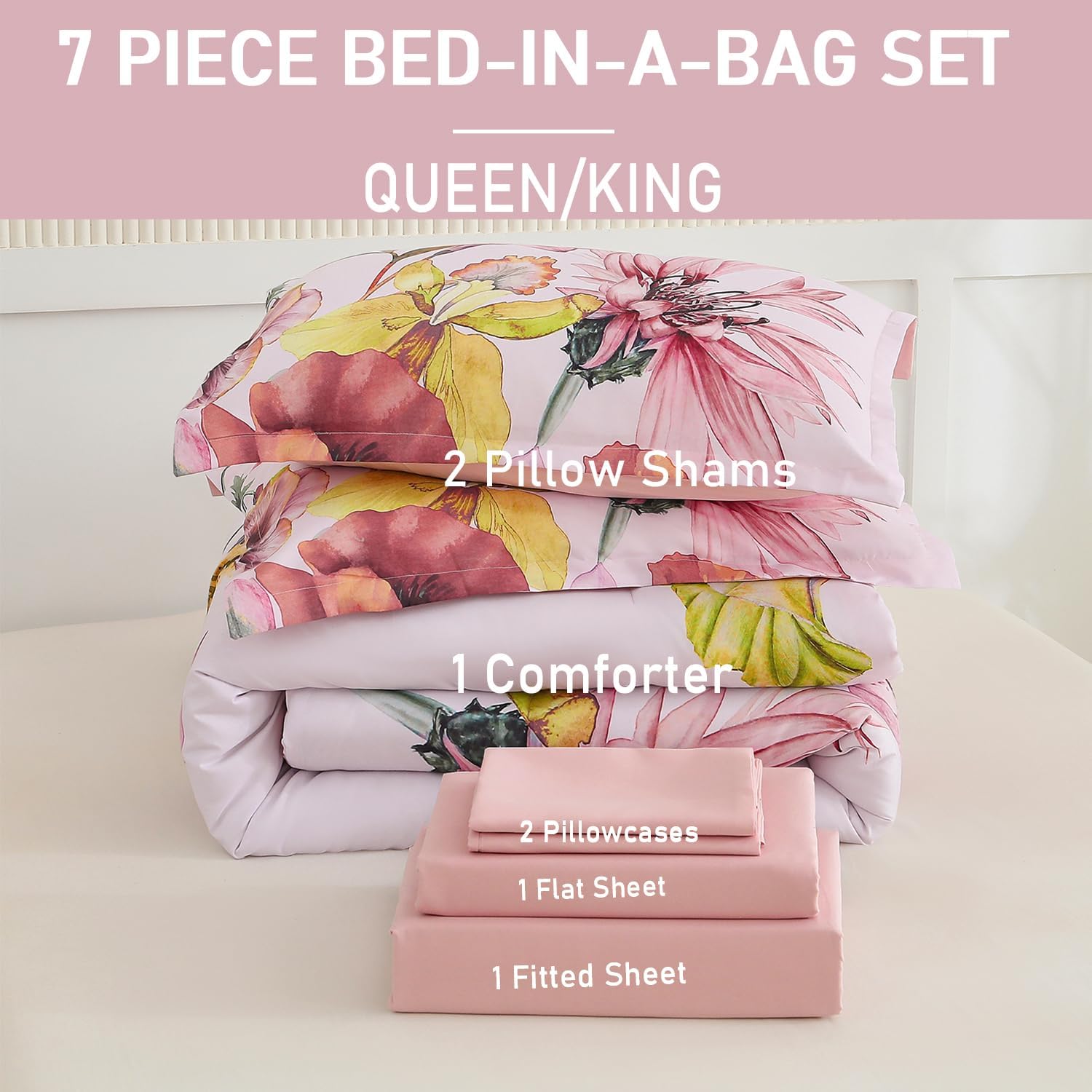 Yogeneg King Size Comforter Set 7 Piece Bed in a Bag,Elegant Floral Botanical Pattern Pink Bedding Set,Soft Microfiber Comforter with Sheet Set,All Season Bed Set(Blush Floral,King) - Image 6