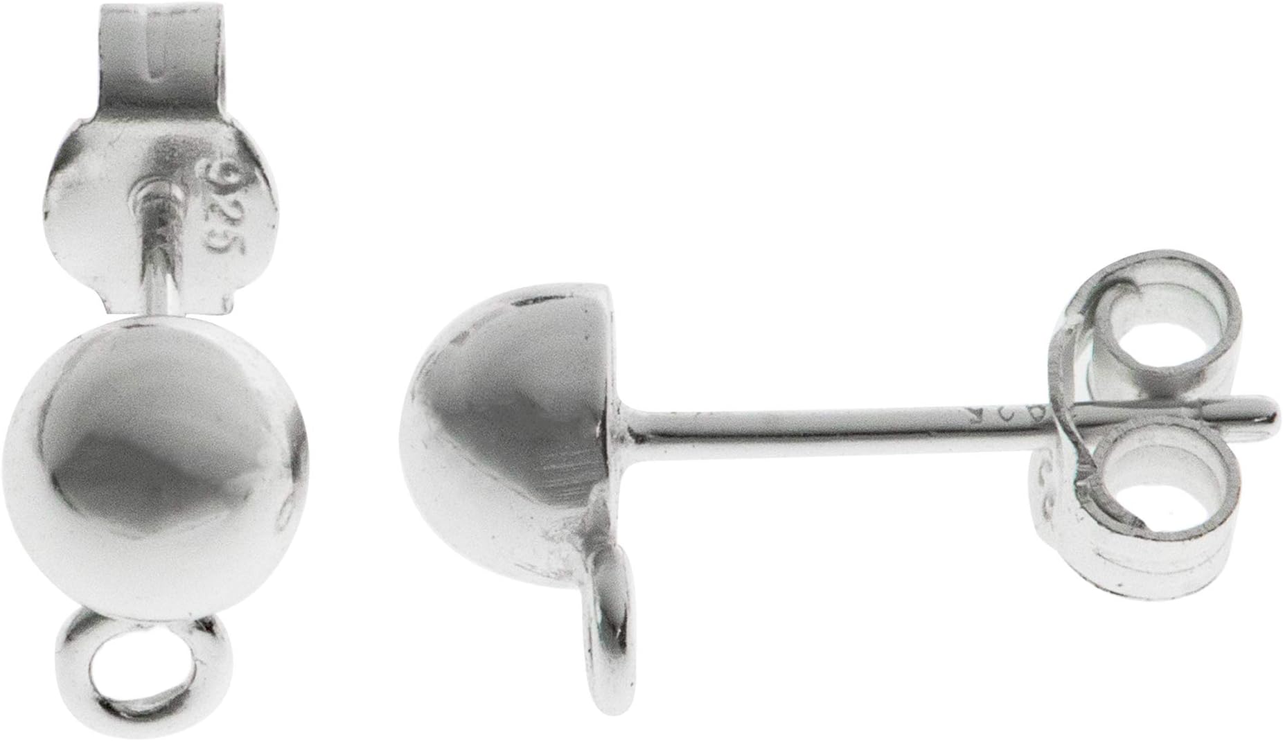 2 pcs .925 Sterling Silver 5mm Round Half Ball Stud Earring Connector Loop Post with Clutches/Findings/Gold Tone Bright