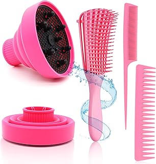 Collapsible Silicone Hair Dryer Diffuser, Detangler Brush Set, Folding Hair Dryer Attachment for Dryer Nozzle 1.57 to 1.9...
