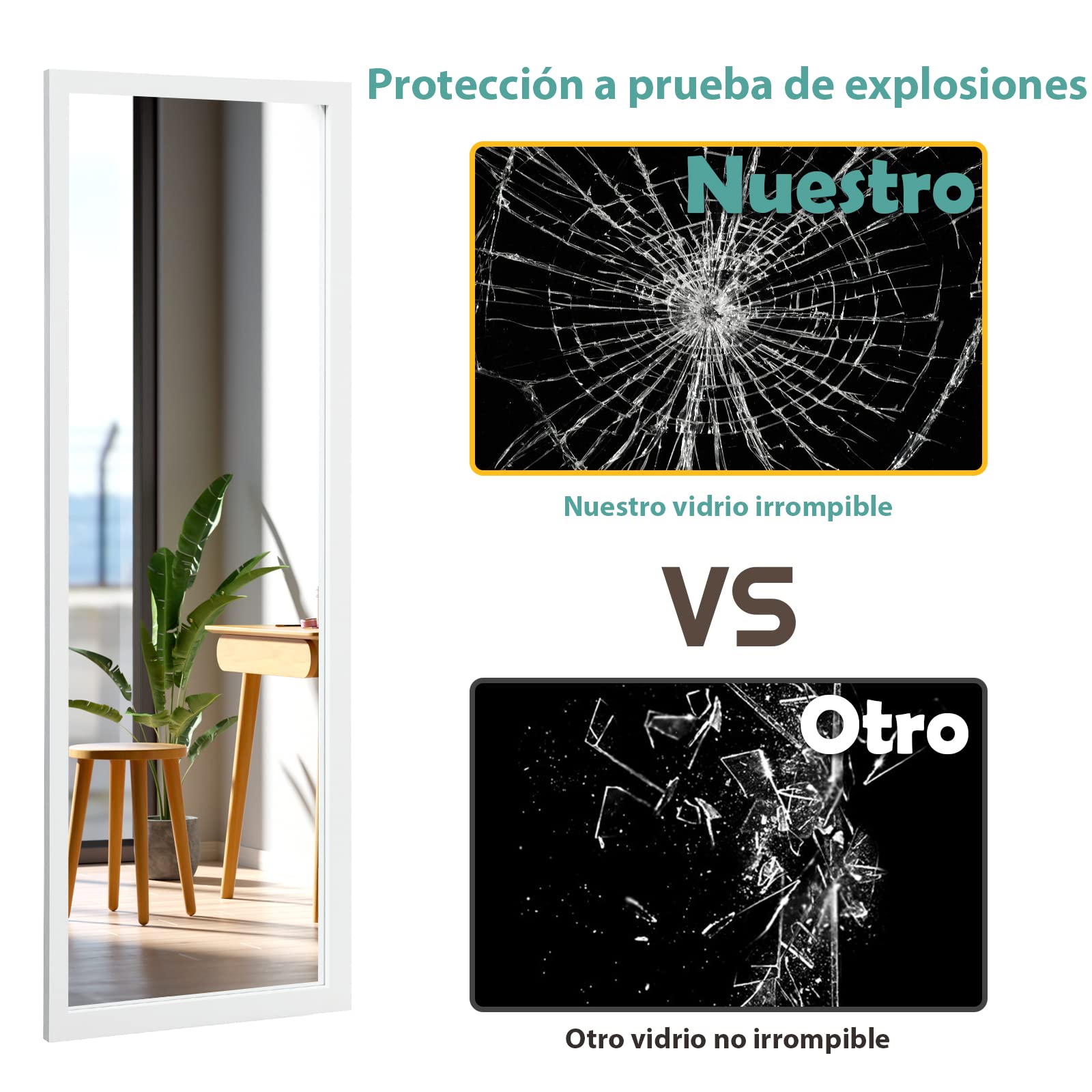 COSTWAY Espejo de Cuerpo Completo en Puerta o Pared 120 x 37 cm con Ganchos (Blanco)
