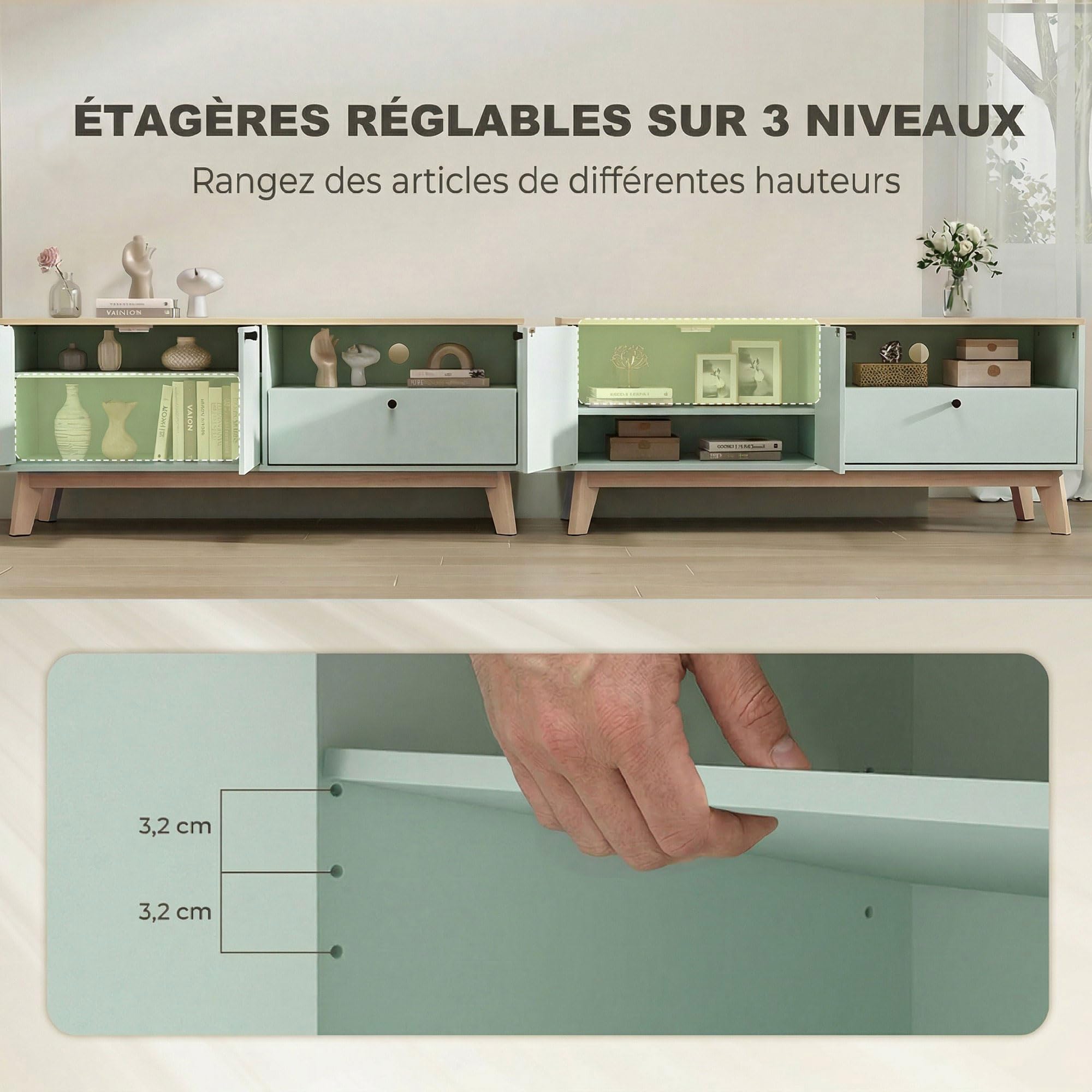HOMCOM Meuble TV 120 cm pour Téléviseur jusqu'à 36 Pouces Vert Clair