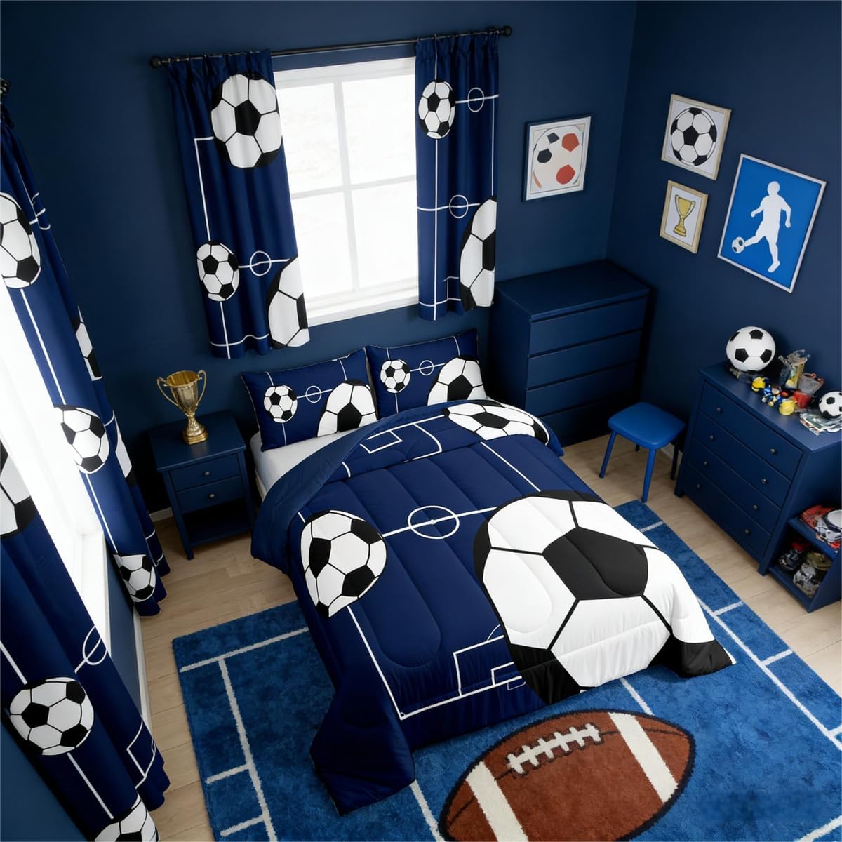 Erosebridal Football Comforter Set Toddler Size Boys Sports Theme Comforter for Teens Soccer Ball Pattern Bedding Set Football Court Quilt Bedroom Decor Playground Blue White for Kids Girls