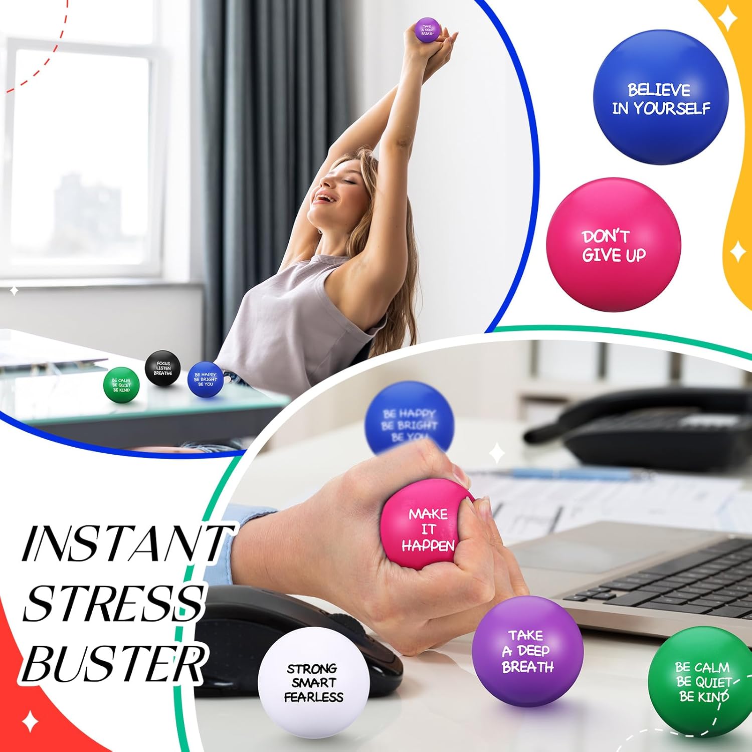 Shappy 72 Pcs Inspirational Stress Relief Balls Motivational Stress Ball Encouraging PU Bulk Balls for Adults Small Therapy Fidget Relief Toys for Valentines Gifts (Colorful)