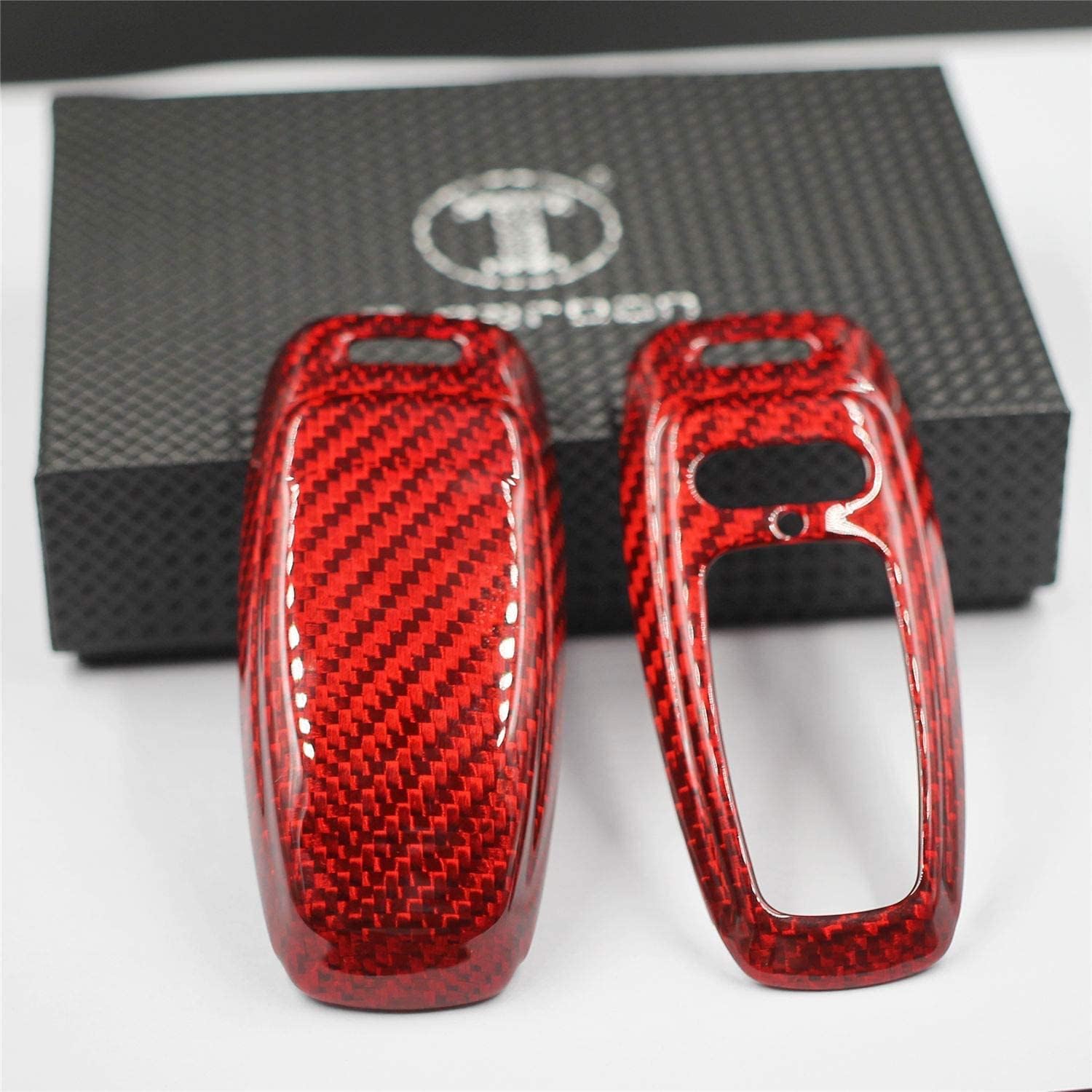 Genuine Carbon Fiber Key Fob Cover for Audi A3 A6 A7 A8 A8L E-Tron Q7 Q8 RS6 RS7 S3 S6 S7 SQ7 SQ8 2018-2022 Smart Car Remote Key Fob Case for Men Women - Red