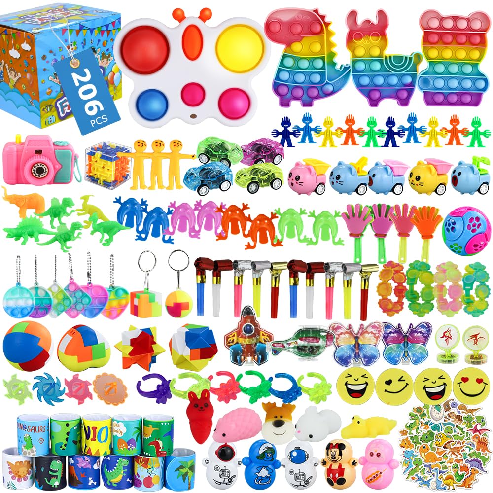 206 Pcs Party Favors Bulk for Kids 3-5 4-8 8-12, Pop Fidget Toys Goodie Bag Stuffers, Treasure Box for Classroom Prizes, Treasure Chest Carnival Prizes, Non-Toxic Sensory Toys for Birthdays & Events