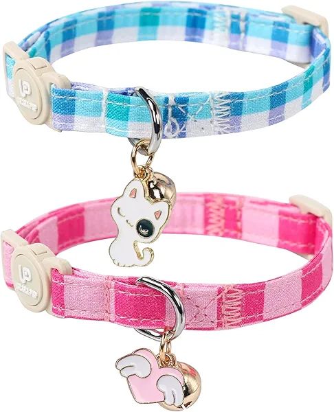 UP URARA PUP Cat Collar, 2Pack Cat Collars Cute Breakaway Kitty Collars, Summer Blue & Pink Grid Cat Collar with Bell, Holiday Kitten Collars with Safety Buckle for Girl and Boy Cats