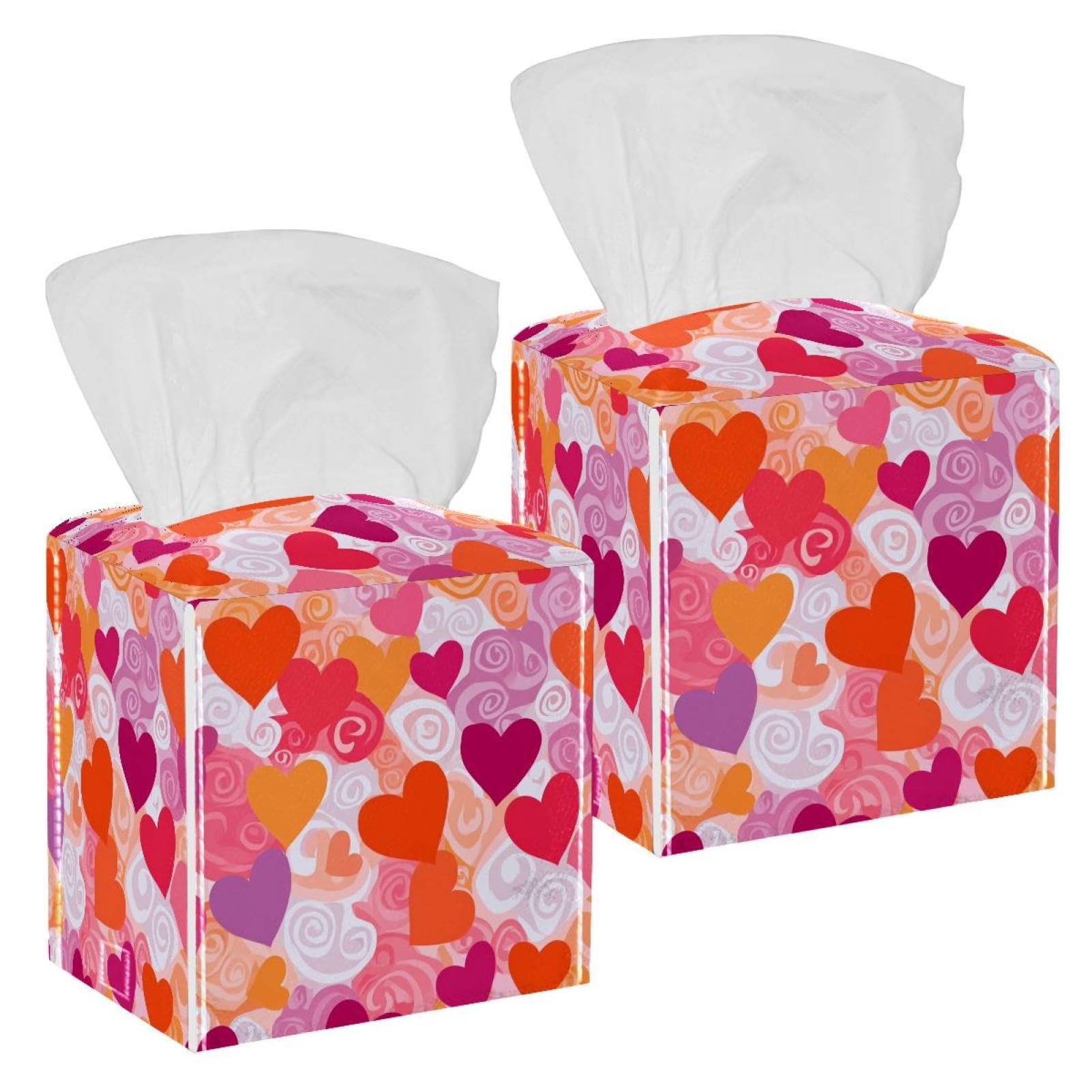Love Hearts Tissue Box Cover, 2 Pack PU Leather Square Facial Tissue Dispenser Box holder for Home Office Car