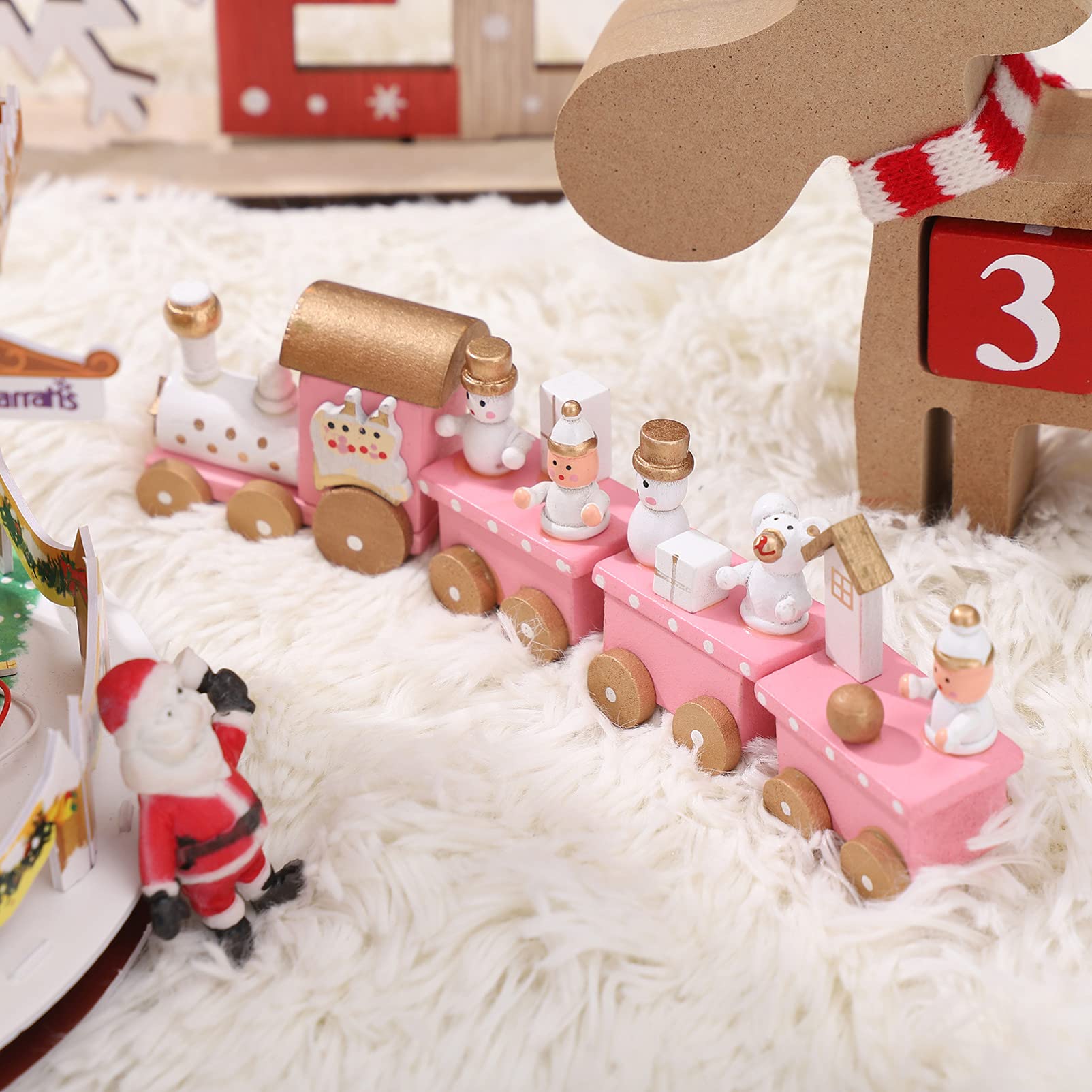 Decoración del hogar, adorno de Santaur, tren de madera de Navidad, mini juguete de tren de 4 secciones con muñeco de nieve y riel de tren, juego de juguetes para niños, decoración de fiesta 4
