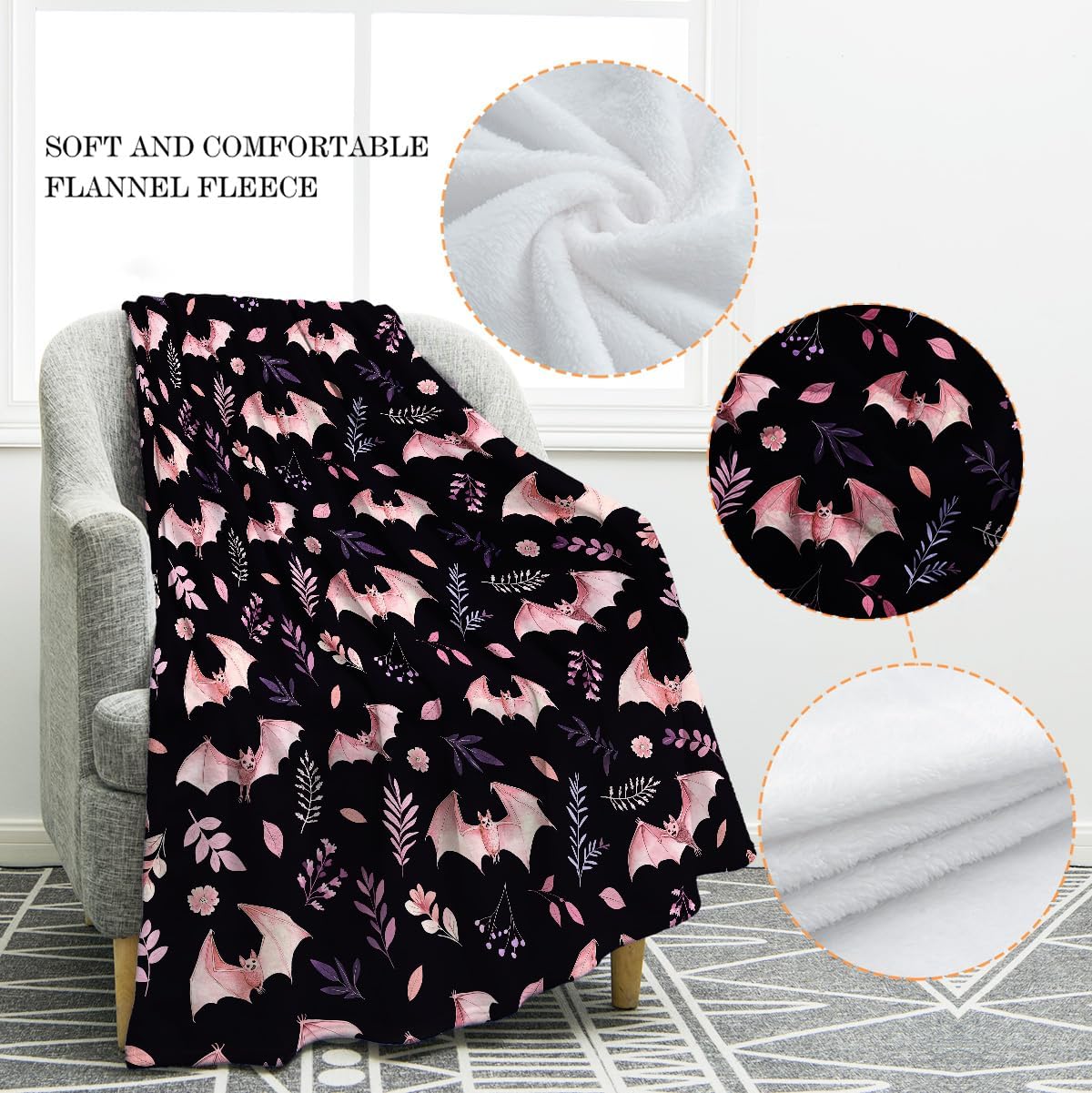 Jekeno Floral and Bat Throw Blanket Gifts for Adult Kids, Gothic Blankets for Women Men, Halloween Themed Decor Gifts for Home Bed Couch 50"x60"