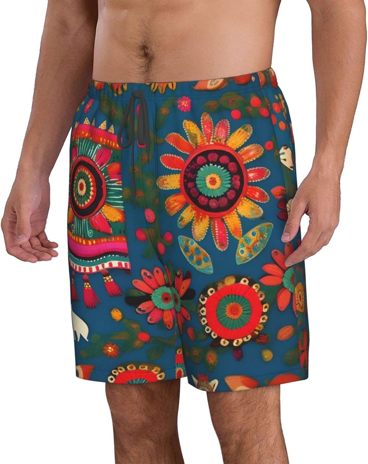 Mexican Folk Art Boho Print Men's Quick-Drying Shorts Casual Beach Pants Stretch Waist Shorts and Pockets