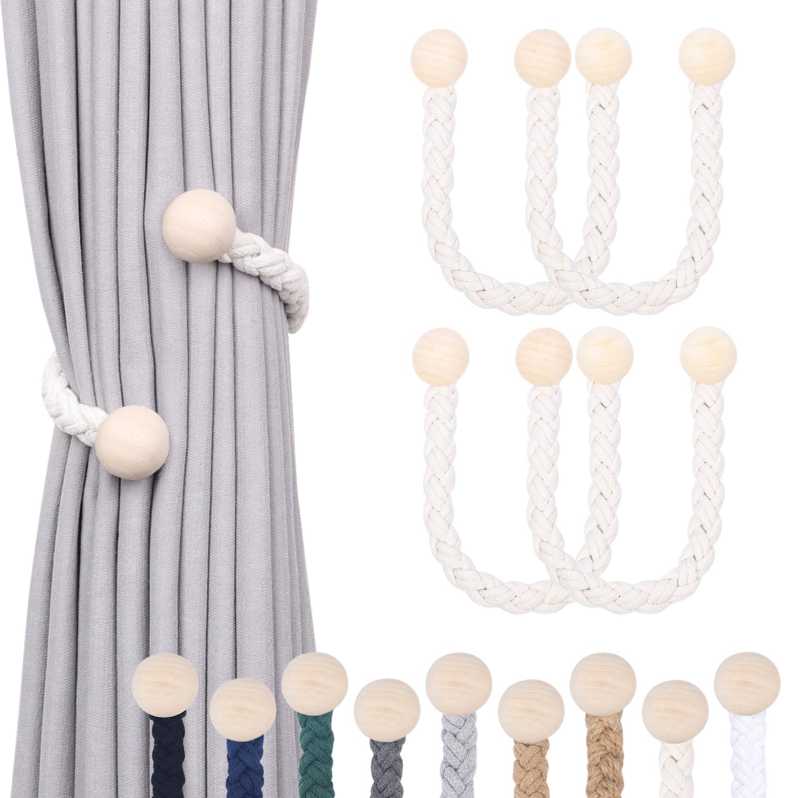 Pretty Jolly 4 Pack Wooden Ball Decor Curtain Tiebacks Farmhouse Rustic Style Drape Tie Backs Natural Cotton Hand Woven Rope Curtain Holdbacks for Home & Office Sheer/Light Weight Drapery (Beige)